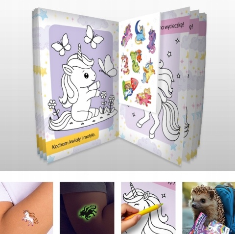 Kolorowanka z tatuażami świeca w ciemności! Małe jednorożce Malowanka