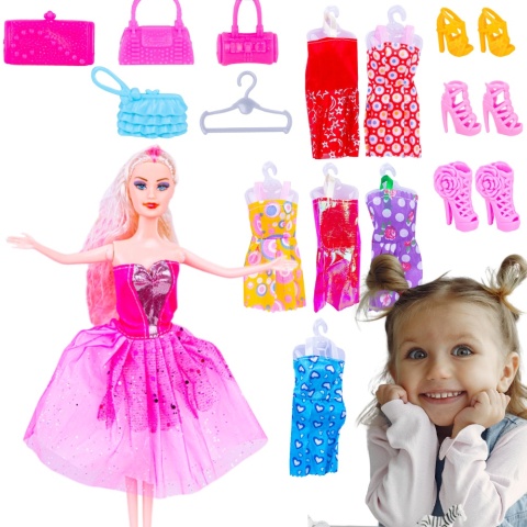 LALKA GARDEROBA + WIESZAK + 6 SUKIENEK + BUCIKI ++