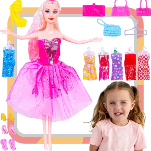 LALKA GARDEROBA + WIESZAK + 6 SUKIENEK + BUCIKI ++